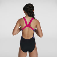 Speedo - Girls - Digital Allover Leaderback One Piece - Black/Pink